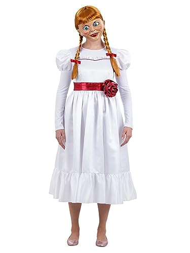 Smiffys Kostium Annabelle dla dorosłych, nawiedzająca biała sukienka z paskiem kwiatowym, oficjalnie licencjonowany kostium lalki Annabelle, zapinana na zamek błyskawiczny, idealna na Halloween,