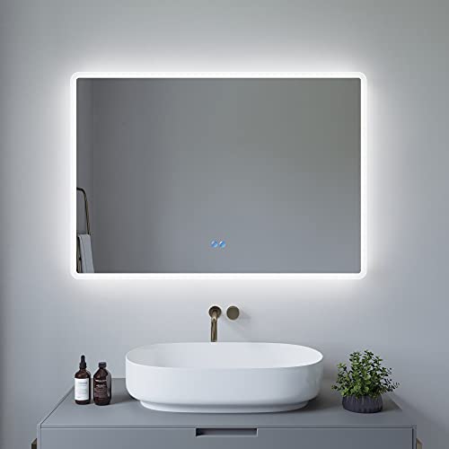 AQUABATOS Lustro łazienkowe z oświetleniem LED, ścienne, podświetlane, przełącznik dotykowy, możliwość ściemniania, zimna biel 6400 K, ochrona przed zaparowaniem, IP44, CE, 100 x 70 cm