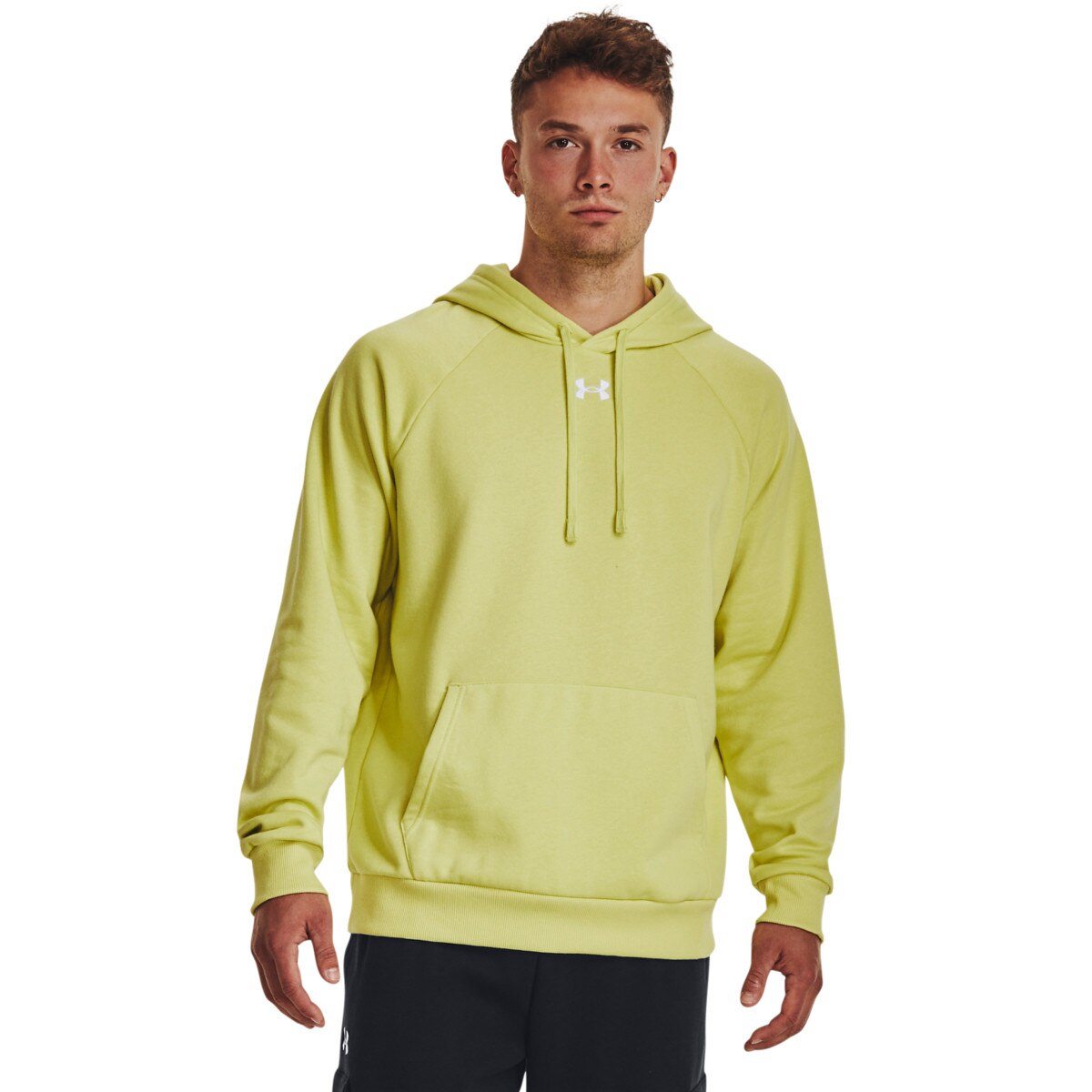 Męska bluza dresowa nierozpinana z kapturem Under Armour UA Rival Fleece Hoodie - limonka - UNDER ARMOUR