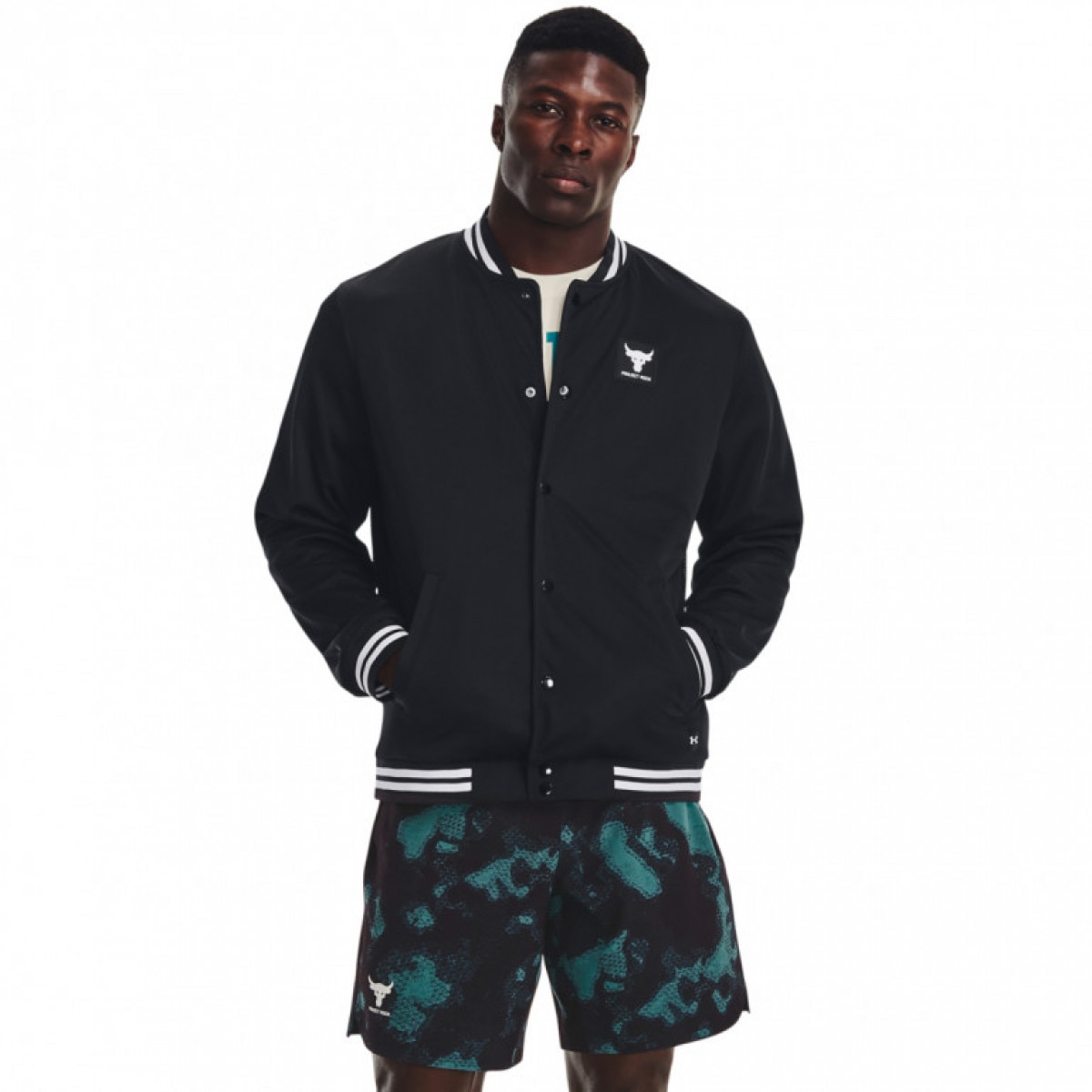 Męska kurtka treningowa Under Armour  Project Rock Mesh Varsity Jacket - czarna - UNDER ARMOUR