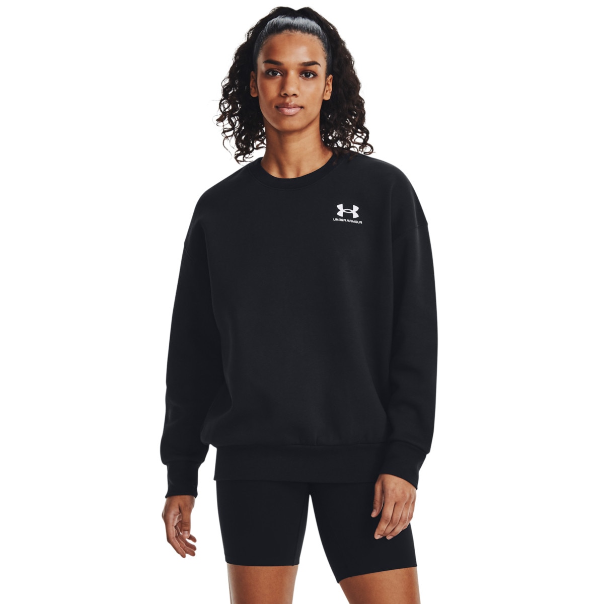 Damska bluza dresowa nierozpinana bez kaptura Under Armour Essential Flc OS Crew - czarna - UNDER ARMOUR