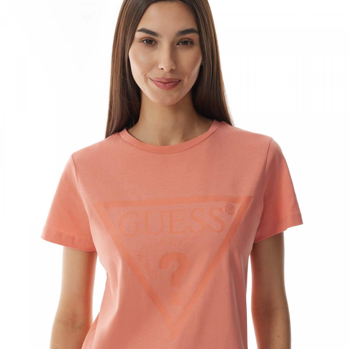 Damski t-shirt z nadrukiem Guess Adele SS CN Tee - koral - GUESS