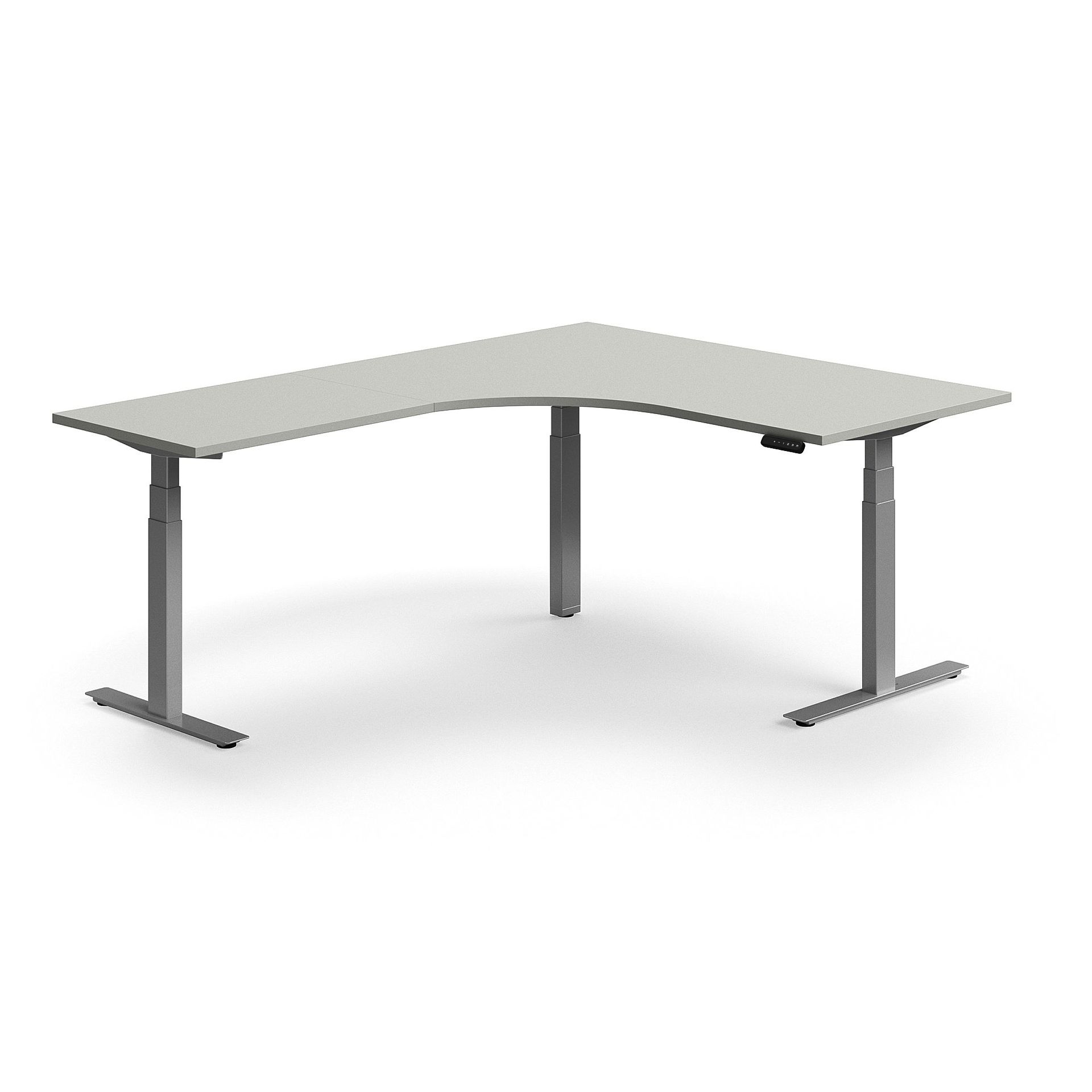 Biurko z regulacją wysokości QBUS, kształt L, 1600x2000 mm, srebrna rama, jasnoszary