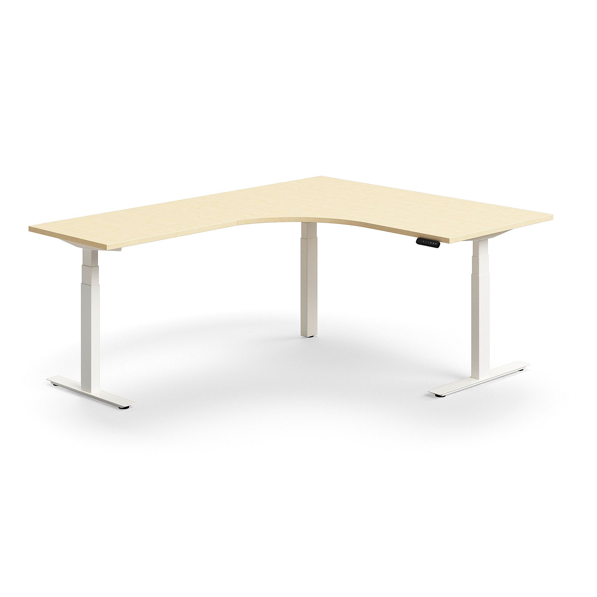 Biurko z regulacją wysokości QBUS, kształt L, 1600x2000 mm, biała rama, brzoza