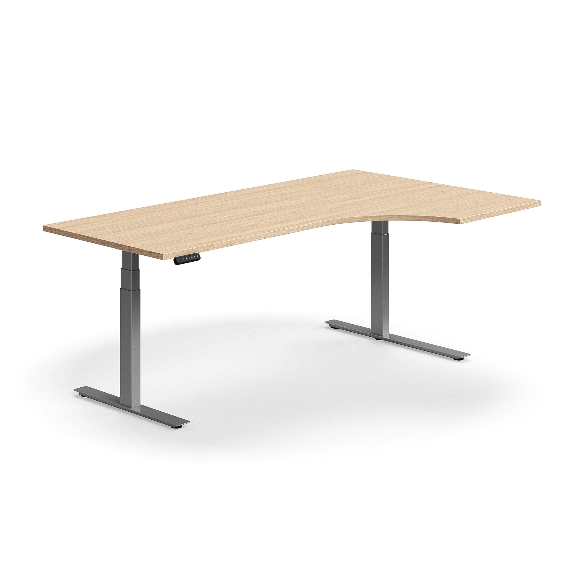 Biurko z regulacją wysokości QBUS, ergonomiczne, 2000x1200 mm, srebrna rama, dąb
