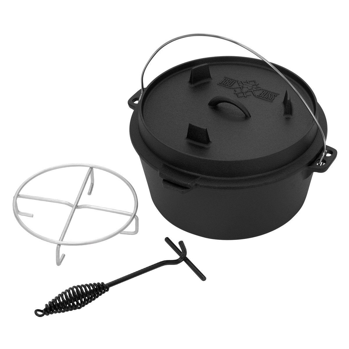 Zestaw piekarnik holenderski BBQ 9L czarny żeliwny z podnośnikiem pokrywy i podstawką BBQ#BOSS