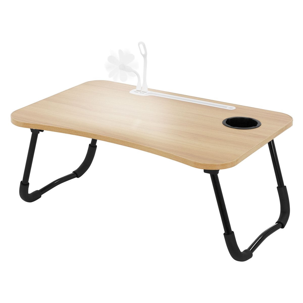 Stolik pod laptopa z portami USB rozkładany 60x40 cm drewnopodobny wykonany z MDF z lampką USB i wentylatorem ML-Design