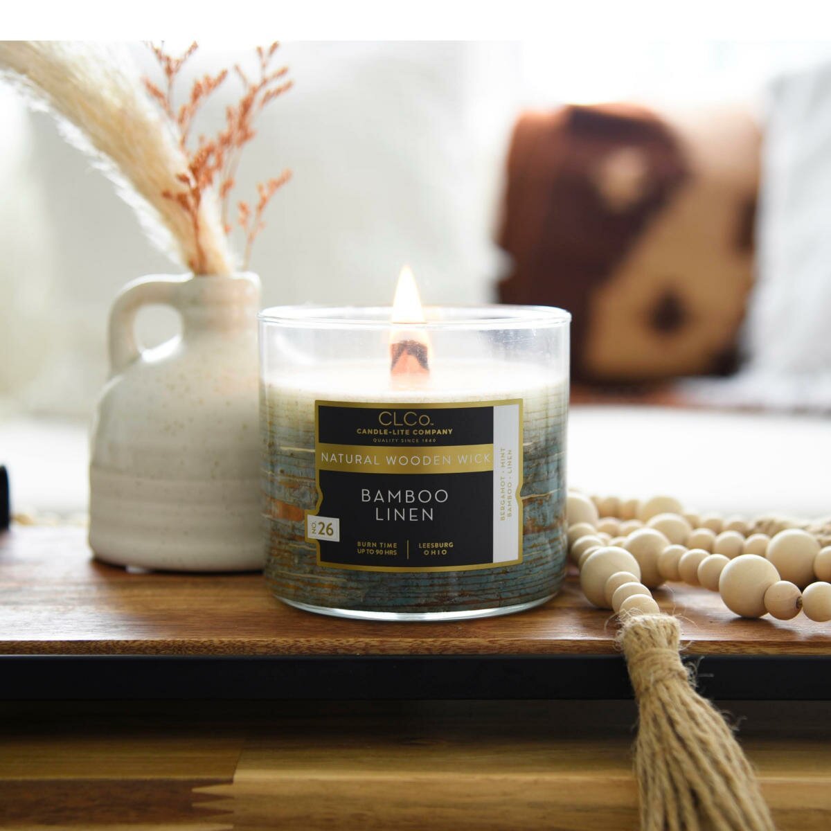 Świeca zapachowa drewniany knot Bamboo Linen Candle-lite 396 g