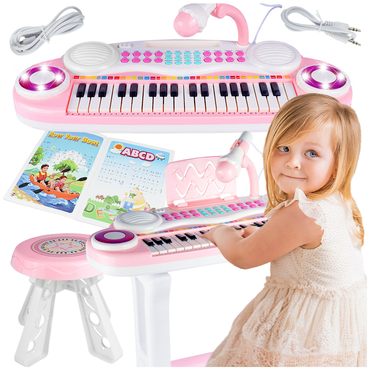 RGANY Pianinko Różowe Z MIKROFONEM 37 klawiszy NAGRYWANIE MP3 + TABORET Z714R