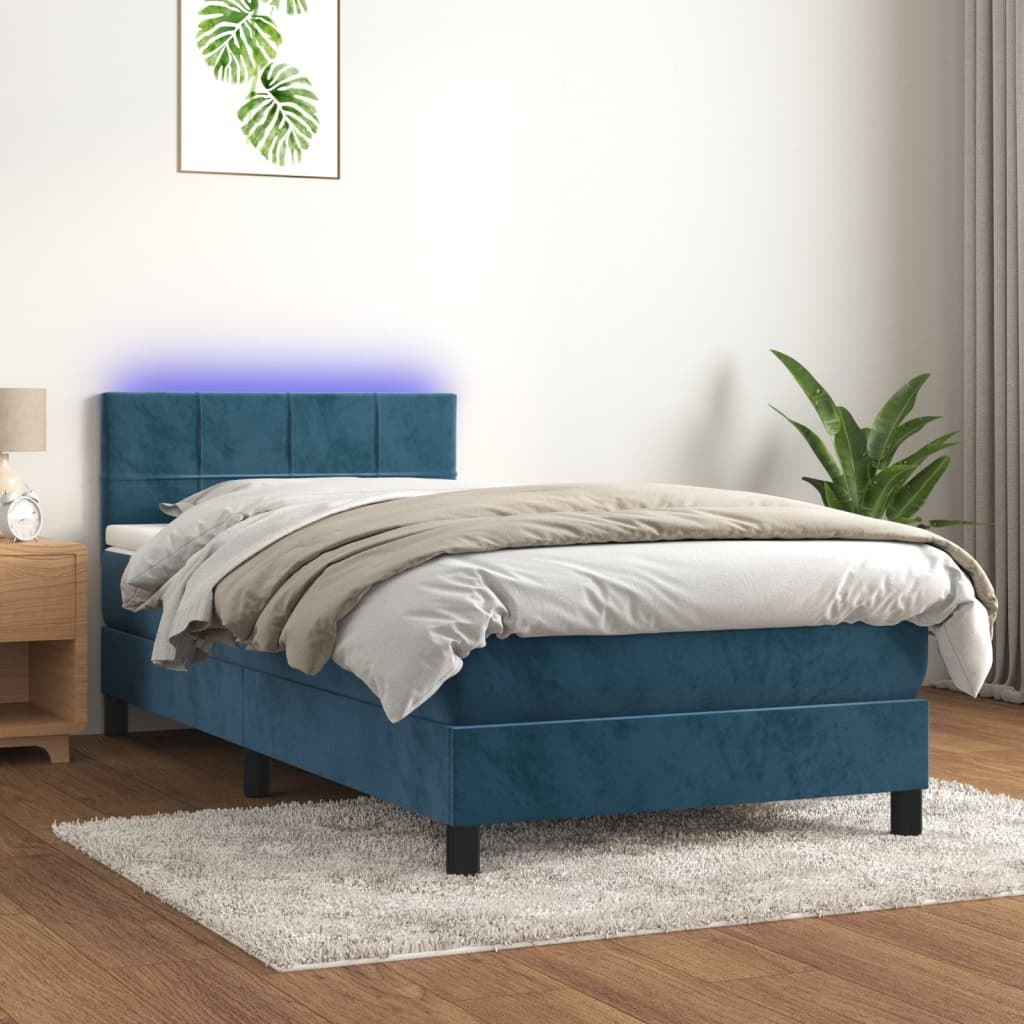 Łóżko kontynentalne, materac i LED, niebieski aksamit 90x190 cm Lumarko!