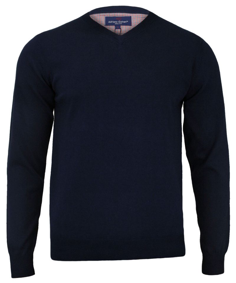 Sweter Granatowy, Bawełniany, Męski (serek) - Klasyczny, V-neck - Adriano Guinari