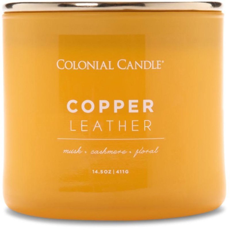 Świeca zapachowa sojowa w szkle 3 knoty Colonial Candle Pop Of Color 411 g - Skóra Copper Leather