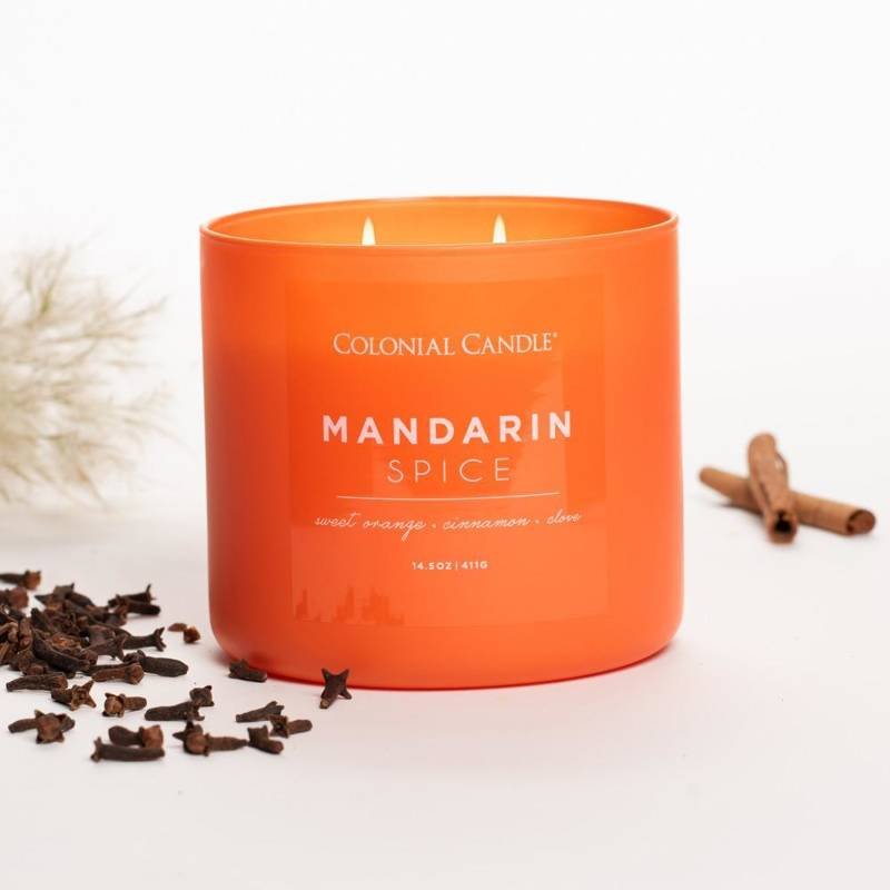 Sojowa świeca zapachowa w szkle 3 knoty Colonial Candle 411 g - Mandarynka Cynamon Mandarin Spice