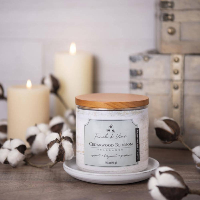Sojowa świeca zapachowa 3 knoty w szkle Colonial Candle Finch & Vine 411 g - Cedr Kwiaty Cedarwood Blossom