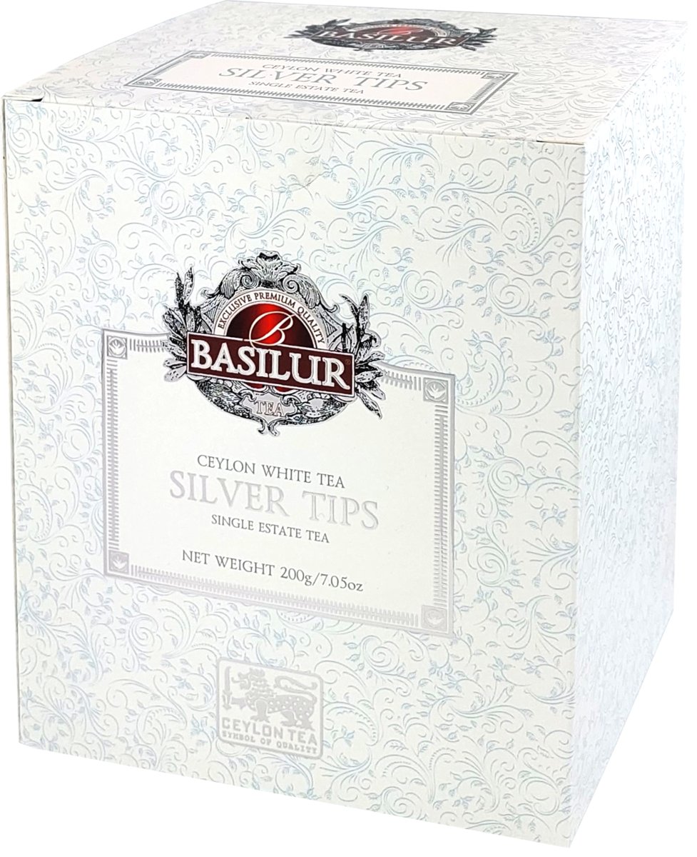 Basilur WHITE TEA LEAF TEA SILVER TIPS biała herbata CEJLOŃSKA ekspozytor LUKSUSOWA – 200 g