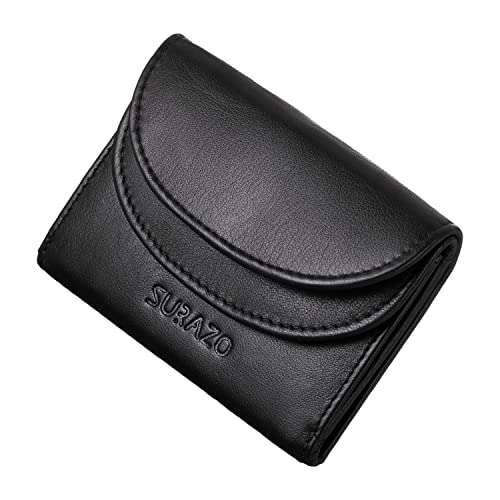 SURAZO® Mały portfel damski z prawdziwej skóry (10,5 x 7,5 x 2 cm, 30 g), mini portfel męski, mały, RFID Mini Wallet | 4 przegródki na karty | cienki portfel z kieszenią na monety (czarny), czarny, S