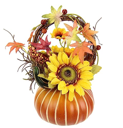 Flair Flower Aranżacja ze sztucznymi kwiatami, słonecznik, jagody, jesienne liście w dyni, sztuczne kwiaty, dekoracja jesienna, jedwabne kwiaty, dekoracja stołu, 15 cm