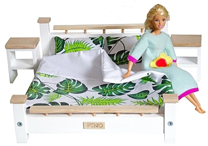 Komplet Sypialnia ASH drewniana podwójna dla Barbie i Kena : Łóżko + 2 szafki nocne + pościel , mebelki drewniane do domku dla lalek Model  LIŚCIE P..