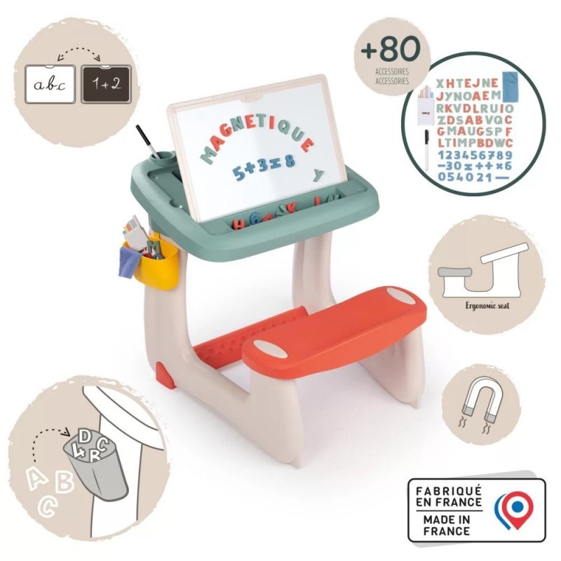 ﻿Smoby Dwustronne Biurko Ławka Tablica Kredowa i Magnetyczna 2w1 + 80Akc.