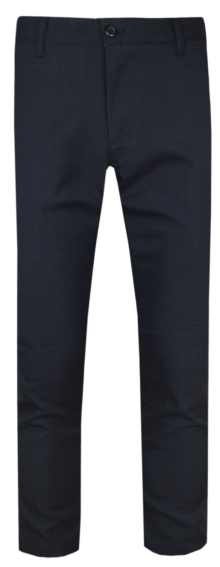 Eleganckie Męskie Spodnie, Zwężane (Slim Fit)  RIGON - Ciemnogranatowe, Drobna Kratka - Rigon