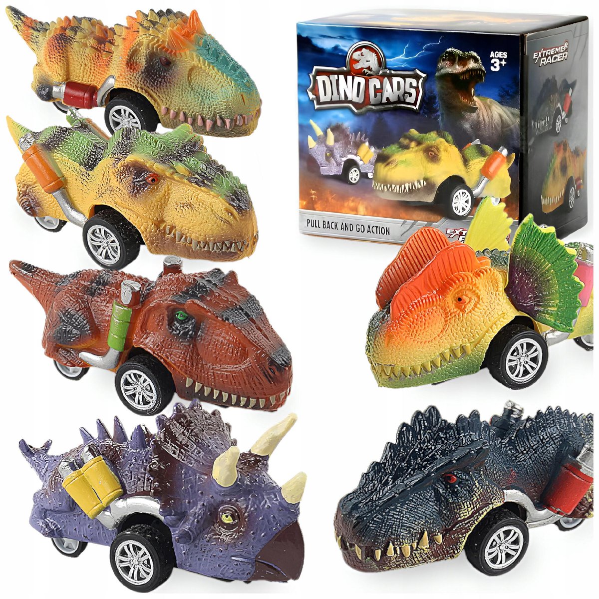 Autka Dinozaury Samochody Szybkie T-Rex Z Napędem Naciągiem Zestaw 6 Szt.