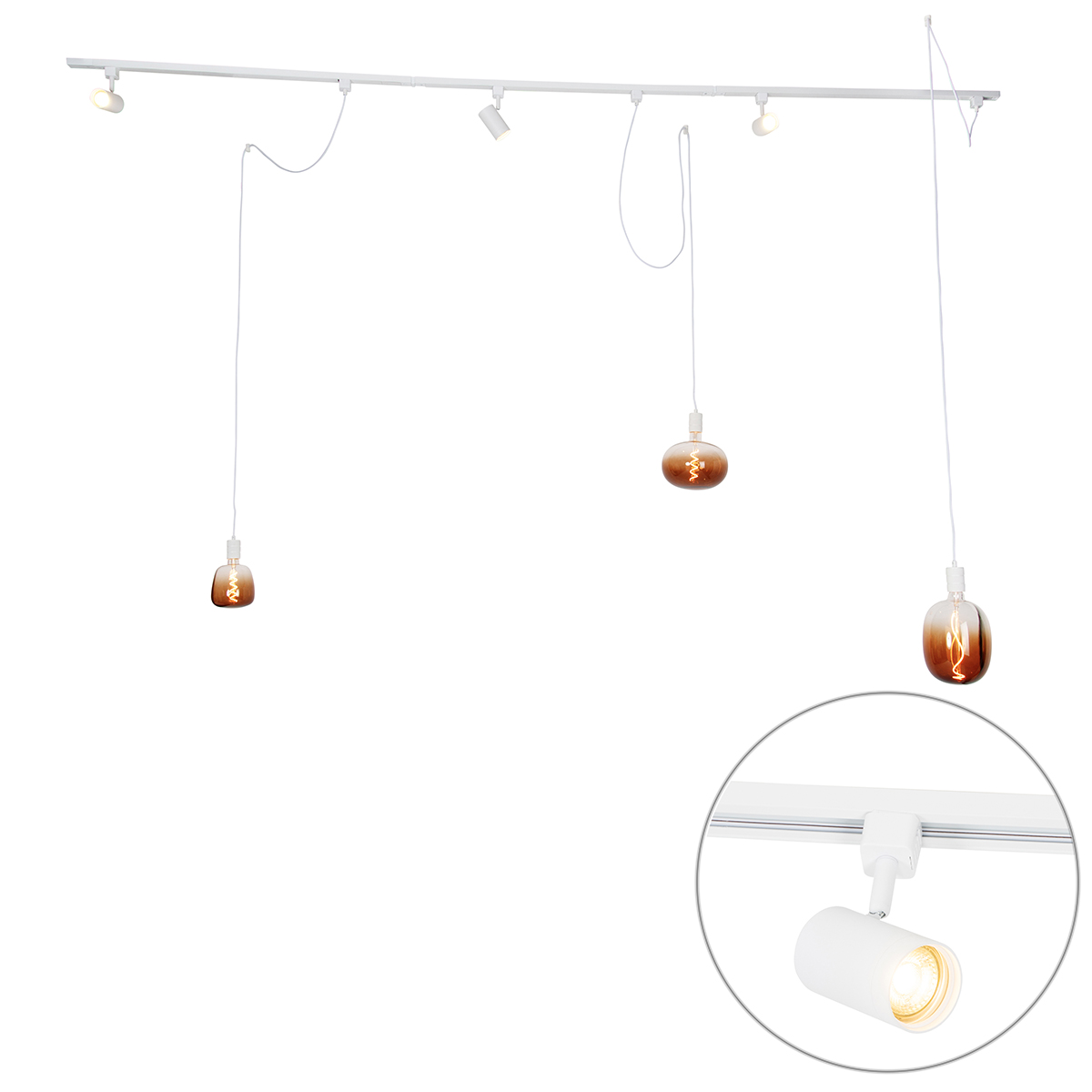 QAZQA 1-fazowy system szynowy z 3 reflektorami i lampami wiszącymi w kolorze białym - Cavalux Jeana