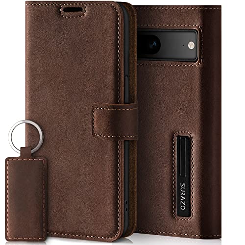 SURAZO Etui na telefon komórkowy premium do Google Pixel 7A 5G, skórzane – składane etui ochronne z prawdziwej skóry [z magnesem, kieszenią na karty, ochroną RFID] etui z klapką, skórzane etui
