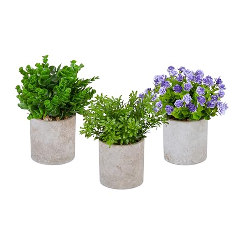 Relaxdays Zestaw 3 sztucznych roślin, różne sztuczne rośliny w doniczce, realistyczne rośliny plastikowe, zielone/fioletowe/szare
