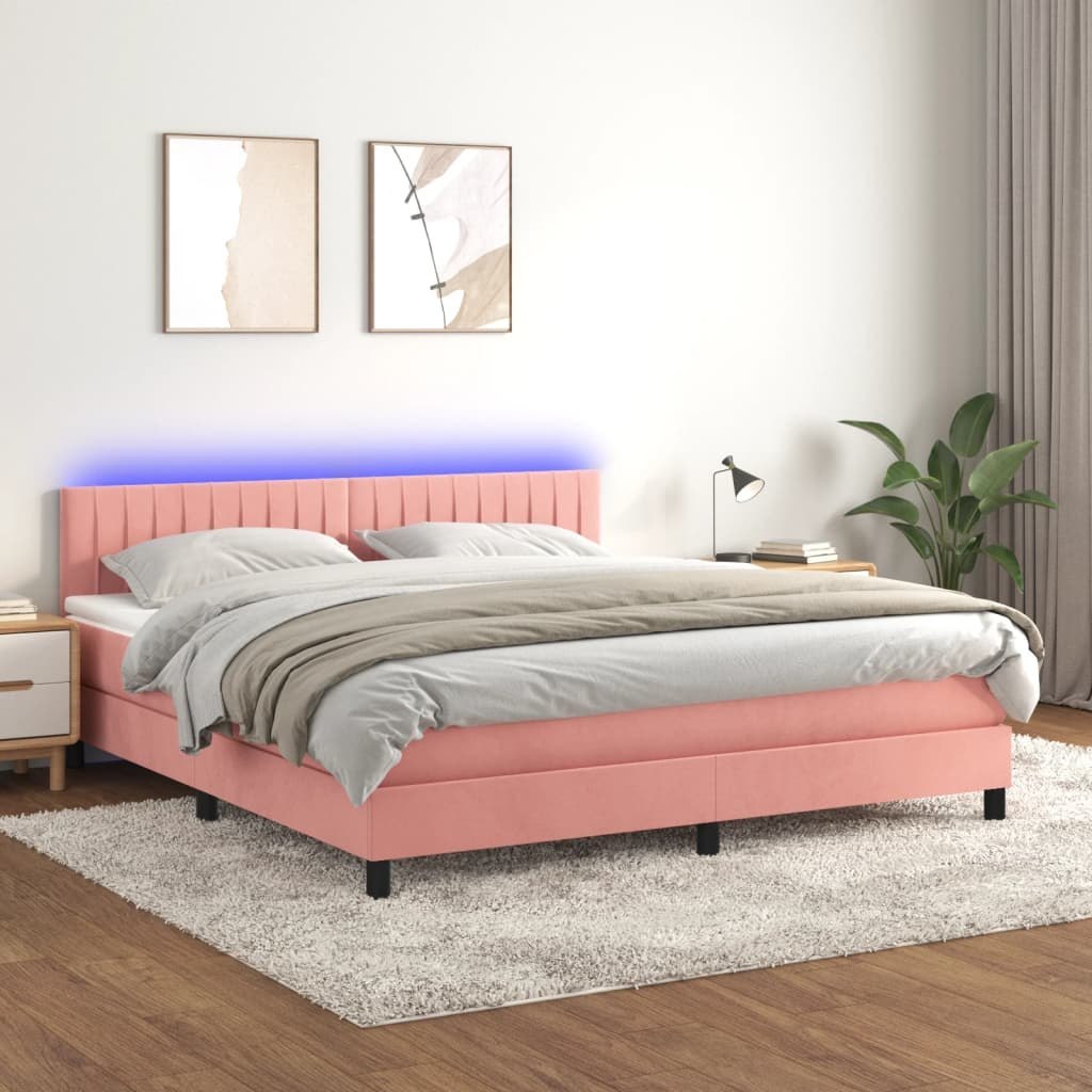 Łóżko kontynentalne z materacem i LED, różowy aksamit 180x200cm Lumarko!
