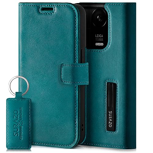 SURAZO Etui na telefon komórkowy premium do Xiaomi 13 Pro 5G, skórzane – składane etui ochronne z prawdziwej skóry [magnes, kieszeń na karty, ochrona RFID, funkcja stojaka] etui z klapką (turkusowe)