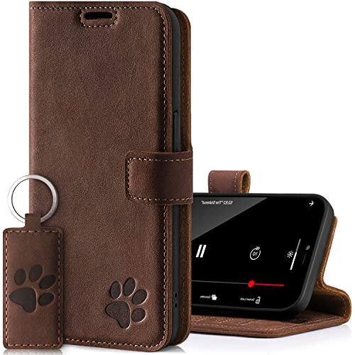 SURAZO Etui na telefon komórkowy Samsung Galaxy A14 5G – etui z prawdziwej skóry z motywem łapy – etui z klapką w stylu vintage z funkcją stojaka, przegródką na karty i kółkiem na klucze – ręcznie