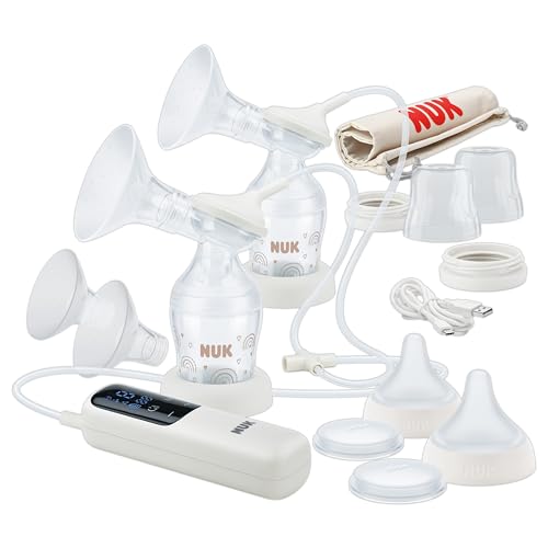 NUK Soft & Easy elektryczna podwójna pompka do mleka | nakładki na piersi ze 100% silikonu | mała, lekka i cicha praca | akumulator do podróży | nasadki na piersi 24 mm i 27 mm | 2 x Perfect Match