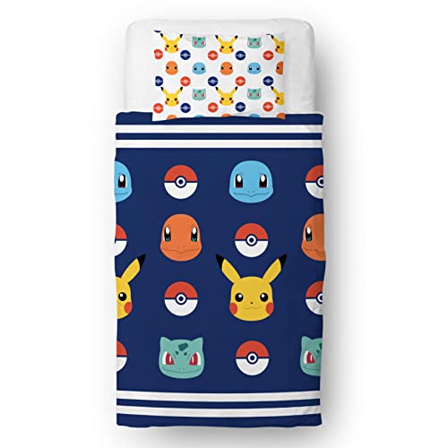 Pokemon Oficjalnie licencjonowany zestaw poszewek na kołdrę dla dzieci | wzór odznaki Pikachu dwustronna, 2-stronna pościel z pasującą poszewką na poduszkę, marki, zestaw na pojedyncze łóżko