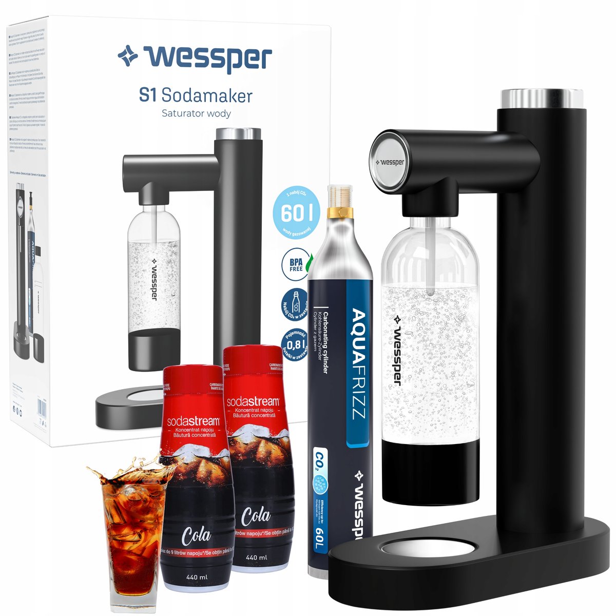 Saturator do wody nabój butelka zestaw + 2x Syrop SodaStream Cola 440ml