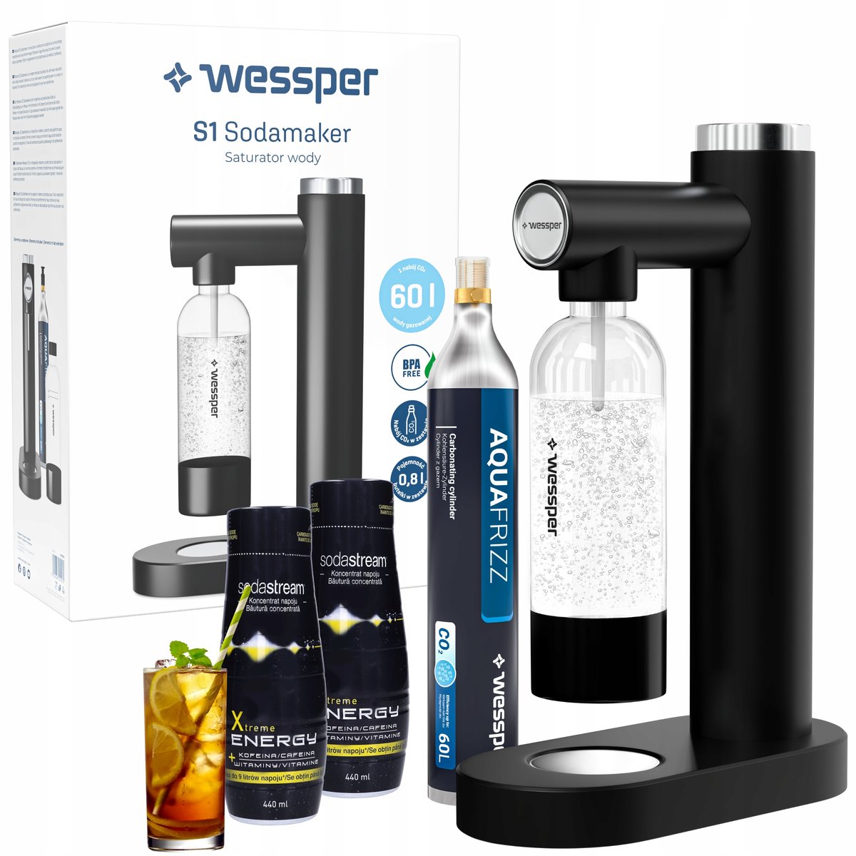 Wessper  S1 Syfon saturator do wody gazowanej + 2x syrop SodaStream Energy drink 440ml