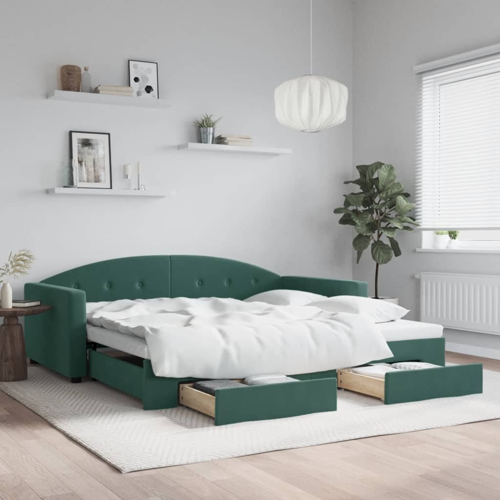 vidaXL Sofa rozsuwana z szufladami, ciemnozielona, 100x200 cm, aksamit