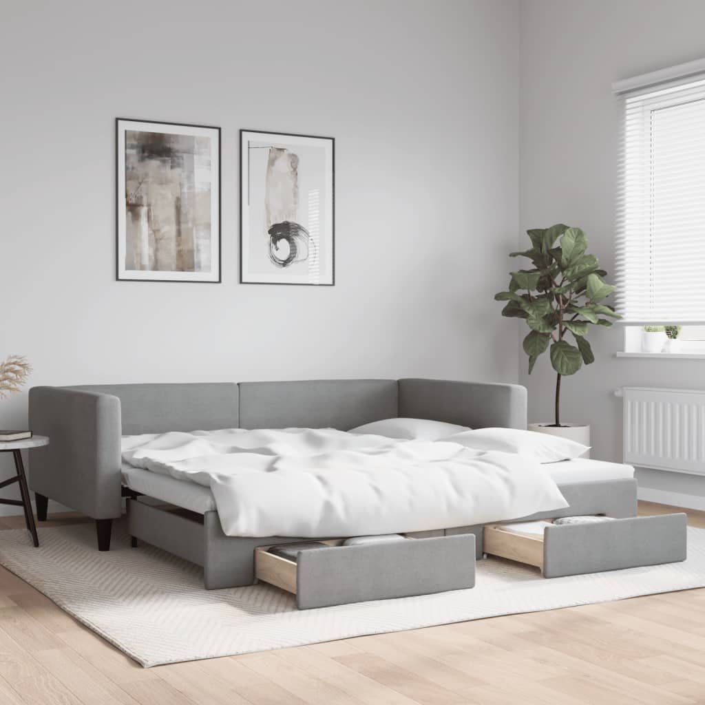vidaXL Sofa rozsuwana z szufladami, jasnoszara, 100x200 cm, tkanina