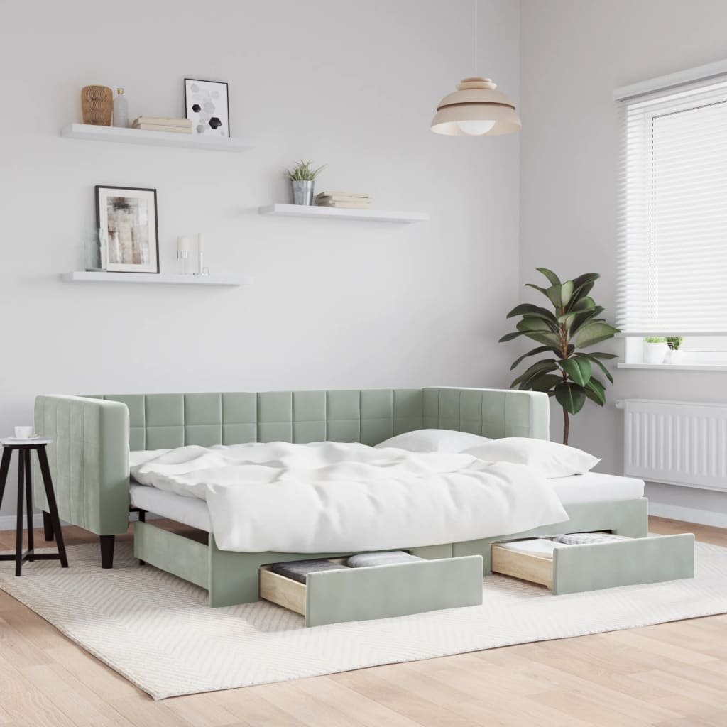 vidaXL Sofa rozsuwana z szufladami, jasnoszara, 90x200 cm, aksamit