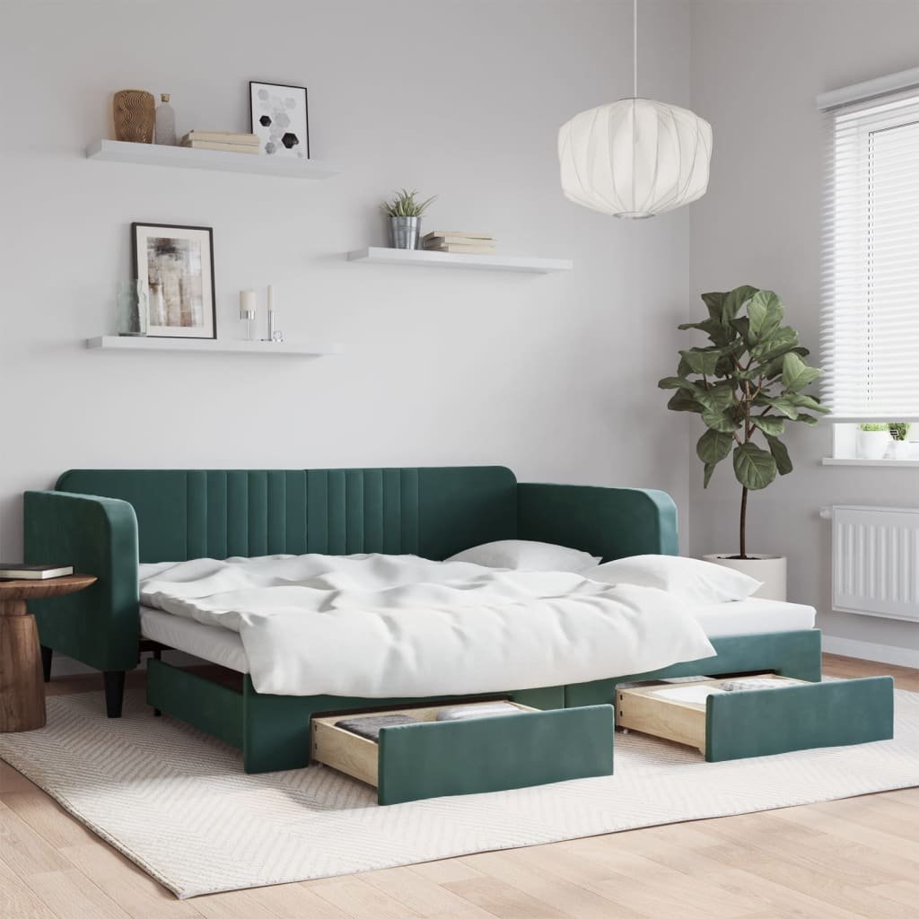 vidaXL Sofa rozsuwana z szufladami, ciemnozielona, 100x200 cm, aksamit
