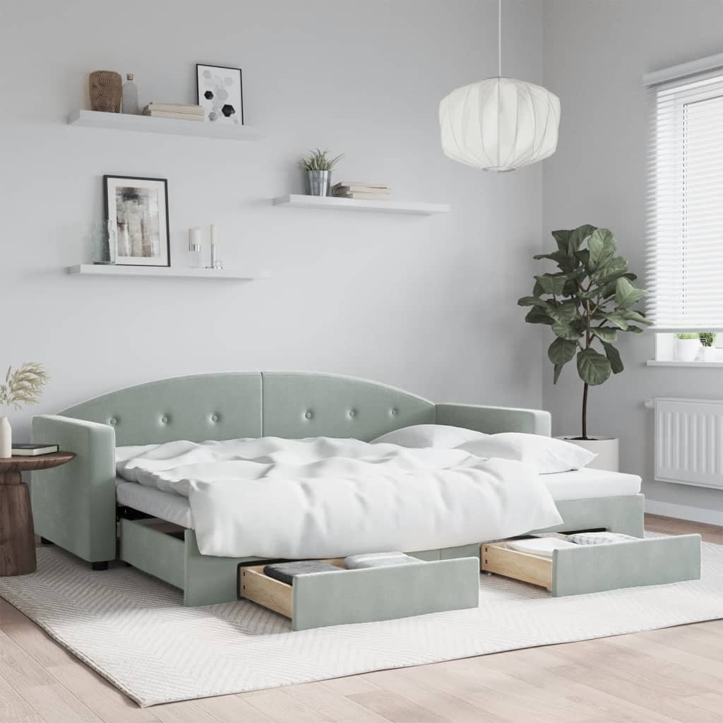 vidaXL Sofa rozsuwana z szufladami, jasnoszara, 80x200 cm, aksamit