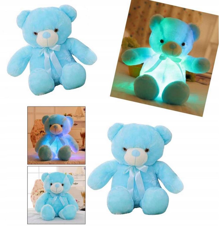 PLUSZOWY MIŚ ŚWIECĄCY PLUSZAK 50CM LED LAMPKA Miękka Przytulanka dla Dzieci NIEBIESKI