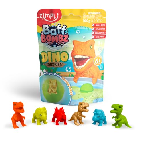 Duża kula do kąpieli z niespodzianką Dino od Zimpli Kids, 6 zabawek z niespodzianką dinozaurów do zebrania, zabawka musująca dla dzieci, prezent urodzinowy, prezent wypełniający pończochy