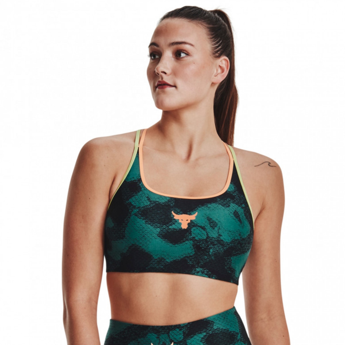Biustonosz treningowy Under Armour Project Rock Crsbck Pt Bra Fam- zielony - UNDER ARMOUR