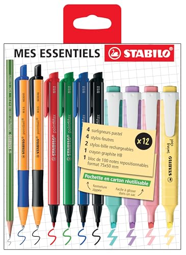 STABILO - My Essentiel STABILO Zippée Pocket - 12 długopisów i ołówków - 4 fajne pastelowe zakreślacze do zaznaczania tekstów + 4 długopisy Pointmax + 2 długopisy Pointball + 1 ołówek Greengraph + 1
