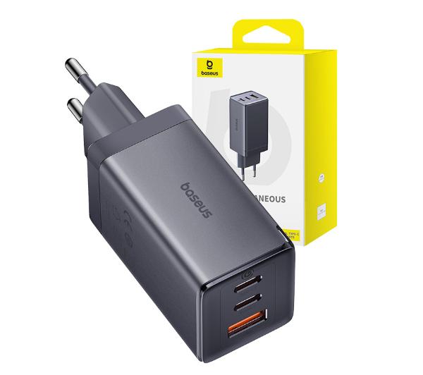 Baseus GaN5 2x USB-C + USB 65W + kabel 1m (szary)