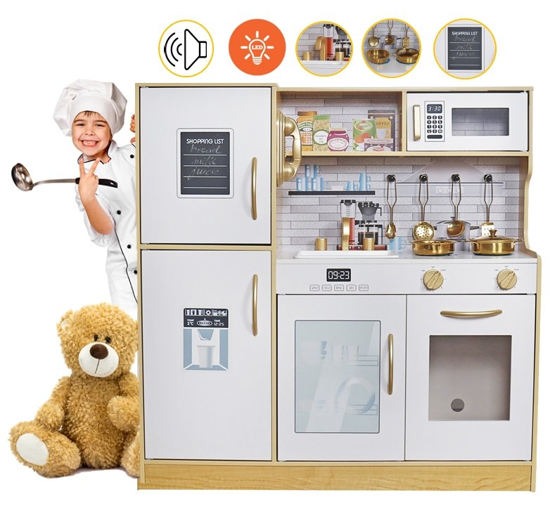 Duża Kuchnia Drewniana dla Dzieci + Akcesoria Garnki Kran Światło LED
