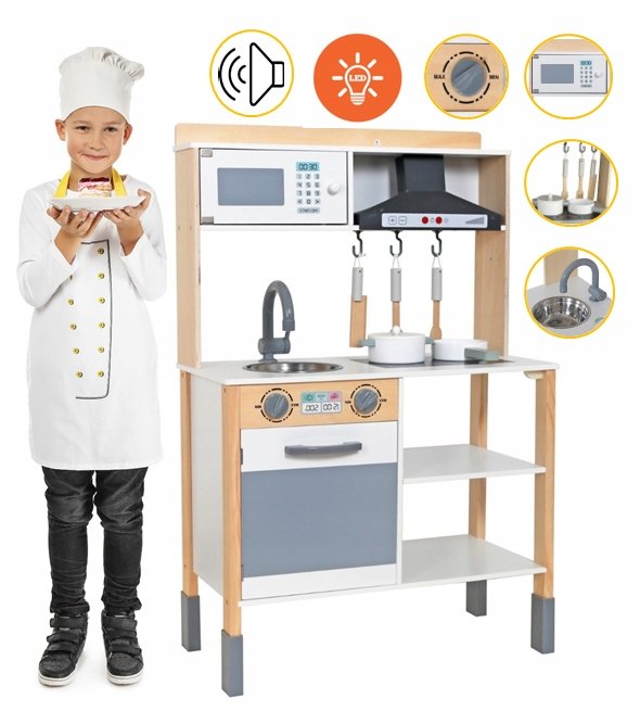 Kuchnia Drewniana dla Dzieci + Akcesoria Kuchenka z Akcesoriami Garnki LED