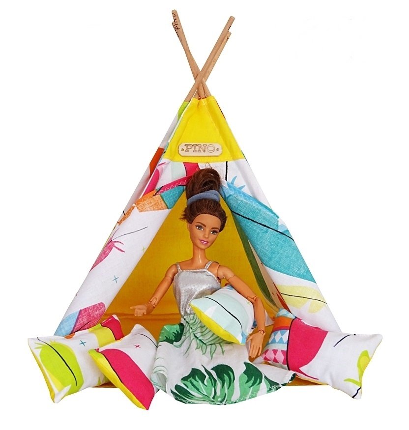 Komplet Tipi dla lalekBarbie  , wigwam , namiot z poduszkami 9 el. Kolorowe piórka