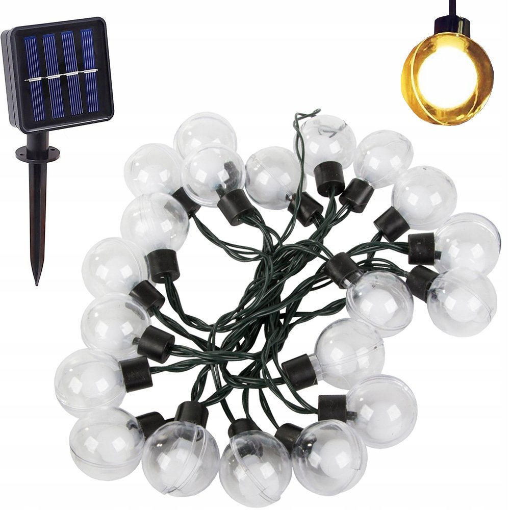 Girlanda Ogrodowa Solarna Lampki 20 Led Ciepłe