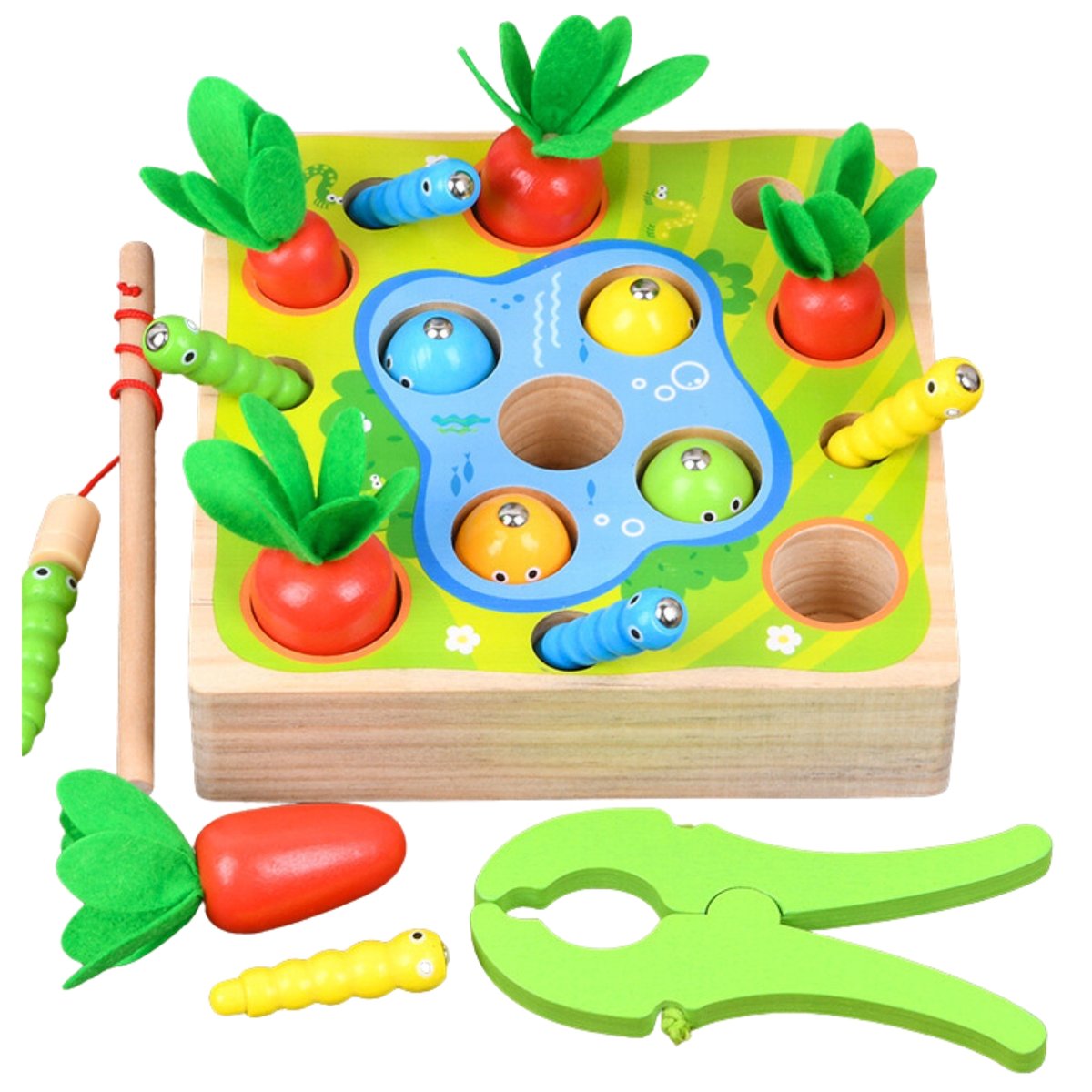 Układana Farma Drewniana Zabawka + Wędka Z Magnesem I Szczypcami Do Warzyw
